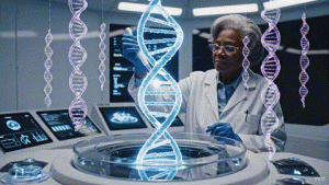 Bridget working in the lab, activating human DNA with light.